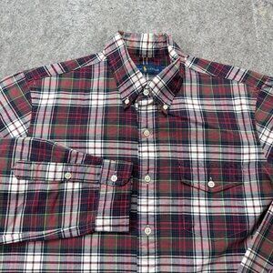 Ralph Lauren Oxford Shirt Men L Red Gray Green Plaid Long Sleeve OCBD Classic